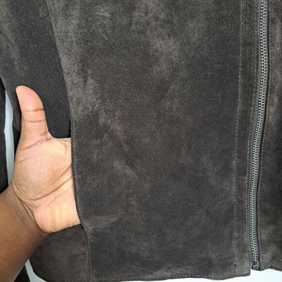 Ecru Genuine Leather acrylic in suede asymmetrical zip mix media brown coat sz M - Picture 5 of 8